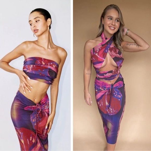 With Jean Naomi Purple Festival Rave Convertible Halter Wrap Midi Skirt Set XS - Picture 7 of 16